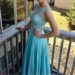 Jovani Blue Embellished Pleated Gown for Prom